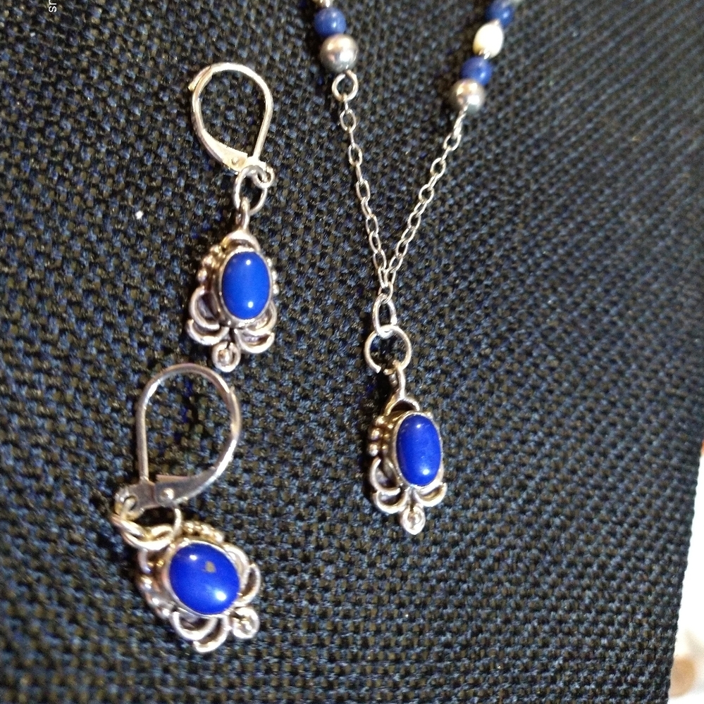 NWT-(SET)LAPIS LAZULI STERLING(SET) 18" NECKLACE/1-3/4" EARRINGS. (LAPSET01099)